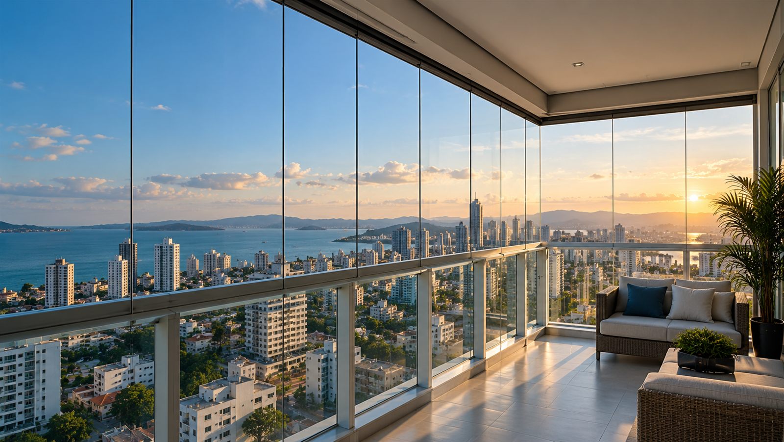 Sacada envidraçada com vista para o mar e a cidade de Balneário Camboriú